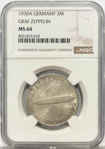 博洋堂蛇年收官专场暨第161期（全场包邮） - NGC MS64 德国魏玛1930年A版齐柏林飞艇3马克银币 银霜转光饱满