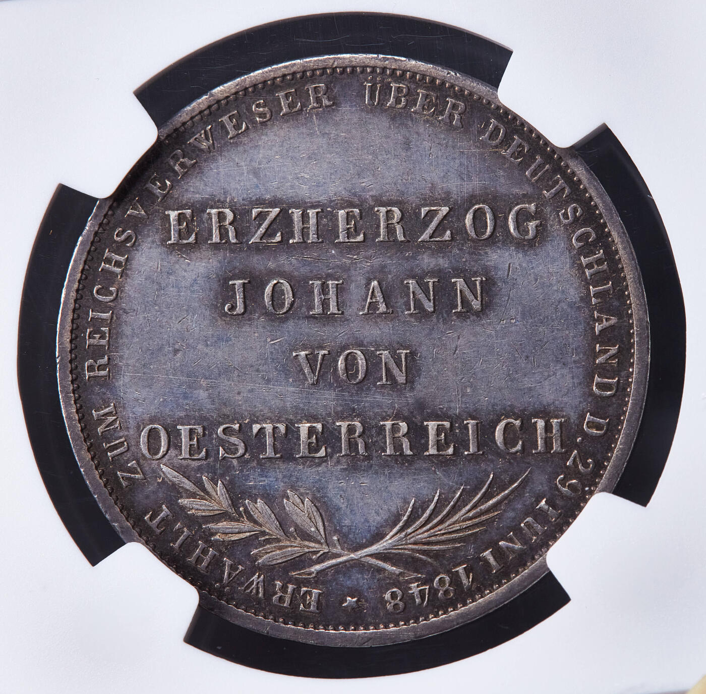 【俄甄集藏】马年新春第一拍 2026年(048)02-25星期三 晚 19:30 全场包邮 德国法兰克福1848年纪念国民议会制定宪法2盾大银币，NGC MS61，紫罗兰酱彩老包浆，原光品相