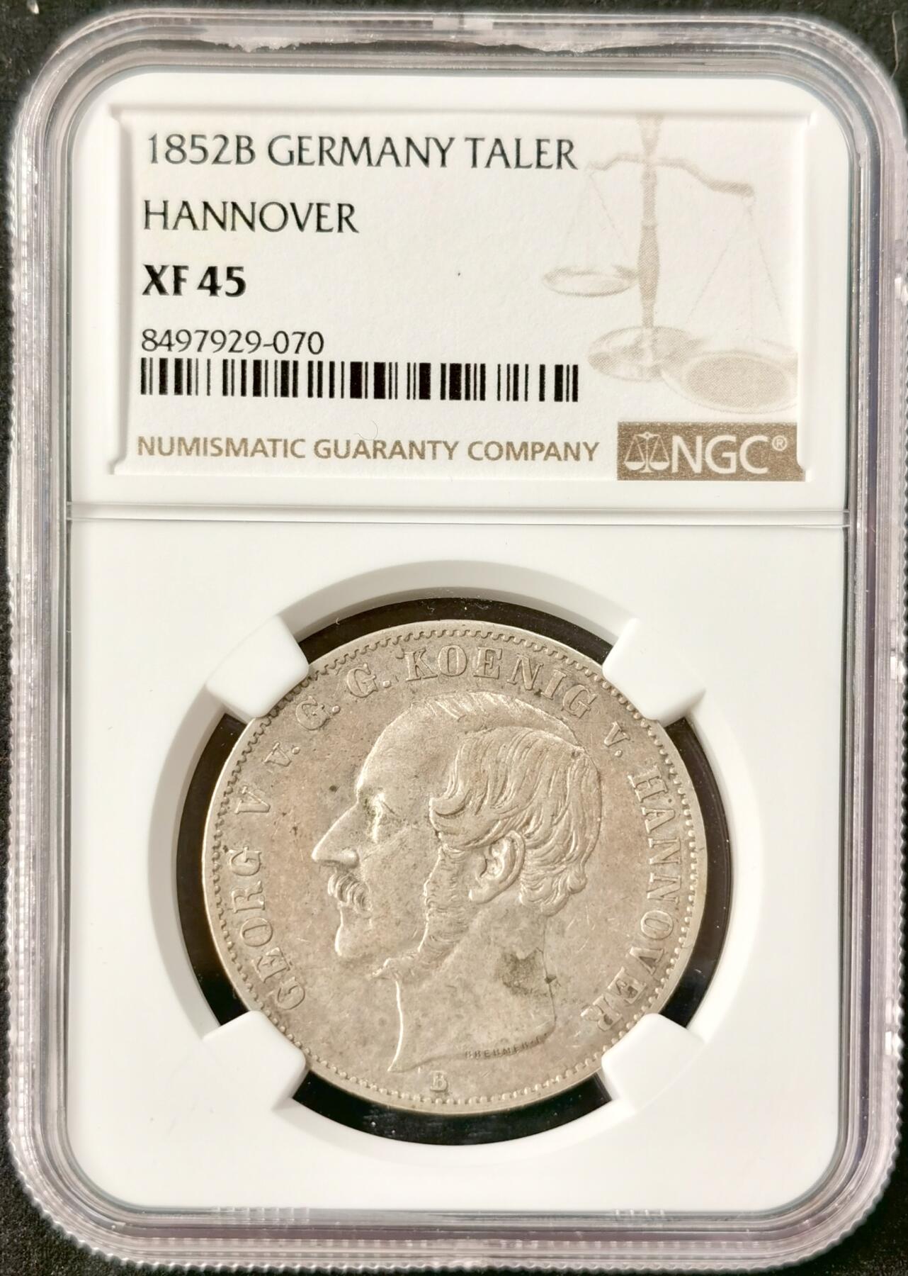 “福币呈祥”新年甄品场（直播拍卖）甄臻铺-世界币章拍卖（第50期），送拍享返佣金等优惠多多 NGC-XF45 德国汉诺威 1852年B厂 乔治五世1泰勒 纹章泰勒 老彩包浆 更高分仅6枚