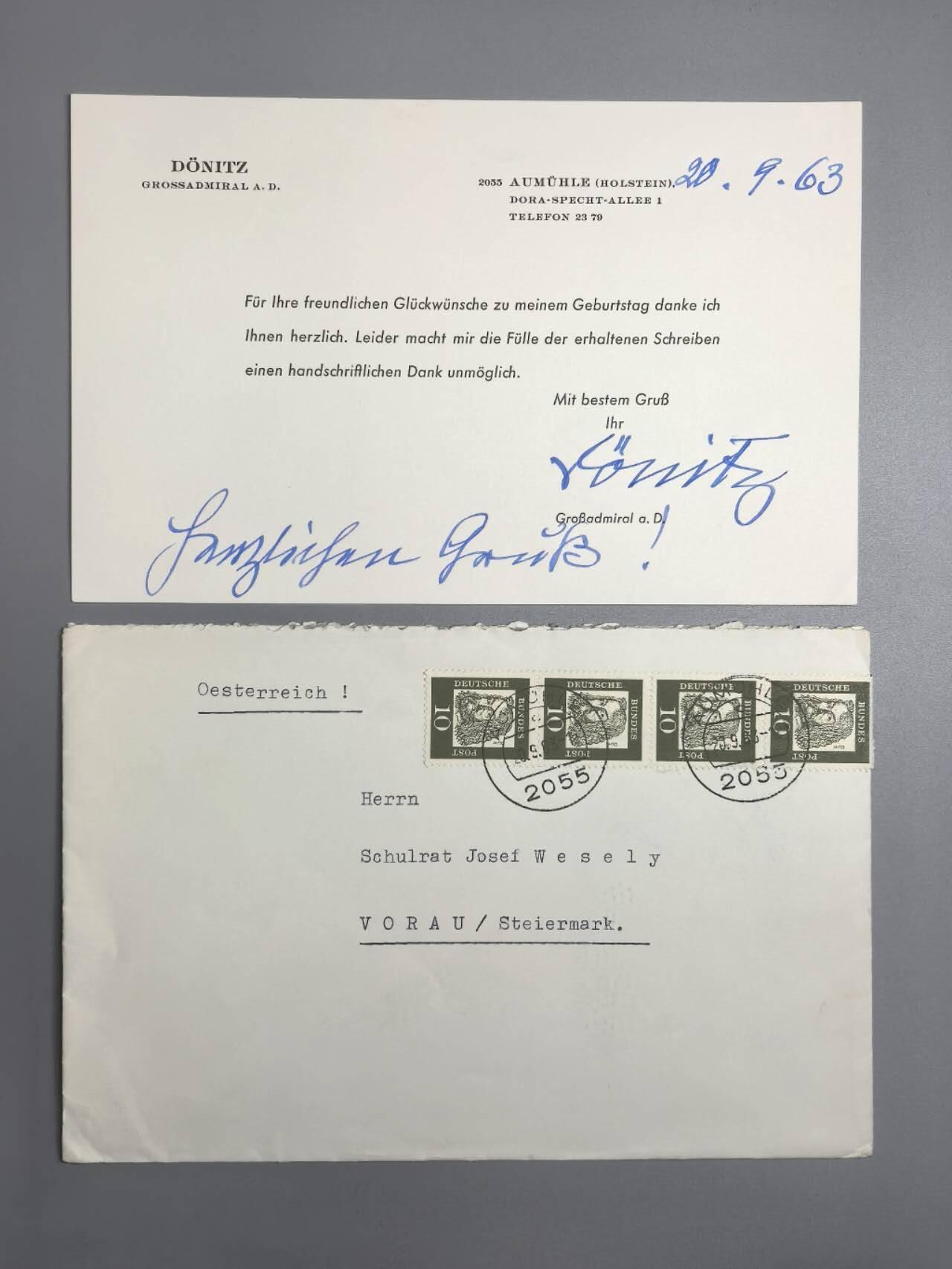 小驴勋章奖章收藏2月22日周日晚六点拍卖（珍爱和平，收藏战争，铭记历史，勿忘国耻，忠党爱国。有偿代拍，送拍规则在简介最后，参拍须阅读规则后再参拍，关系到运费包装发货时效真假辨别等关键信息，拍卖时不再发原图，看大图店主微信码在拍卖店铺介绍里） 海军元帅邓尼茨的战后亲签回信贺卡