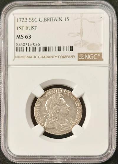 “福币呈祥”新年甄品场（直播拍卖）甄臻铺-世界币章拍卖（第50期），送拍享返佣金等优惠多多 - NGC-MS63 英国 1723年 乔治一世SSC一先令银币 原味深包浆 高点清晰，顶级状态