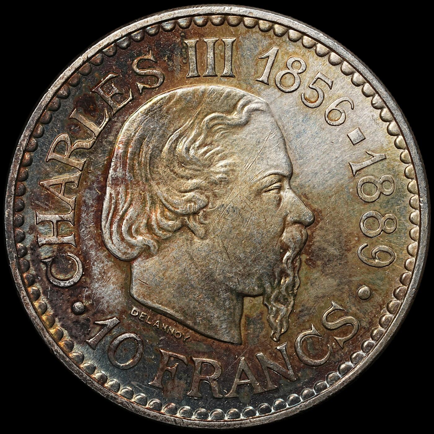 修遠堂世界钱币第105期，马年首拍 1966年摩纳哥亲王查理三世逝世百年10法郎纪念银币，25g，含银90%