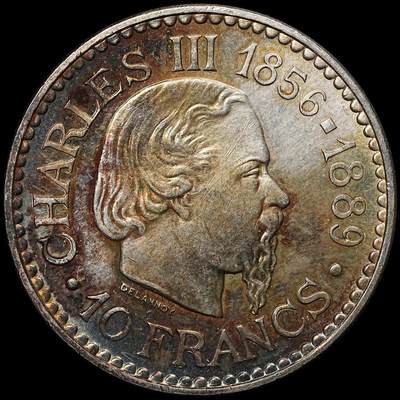 修遠堂世界钱币第105期，马年首拍 - 1966年摩纳哥亲王查理三世逝世百年10法郎纪念银币，25g，含银90%