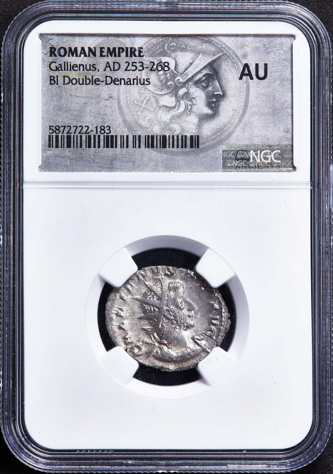 【俄甄集藏】马年新春第一拍 2026年(048)02-25星期三 晚 19:30 全场包邮 古罗马帝国公元255-258年加里恩怒斯日耳曼胜利纪念双狄纳里银币，NGC AU，早期版美品，特殊标签，卢格都诺姆造币厂打制，正面加里恩努斯芒冠面右像，币文“虔敬幸运的奥古斯都”；背面胜利女神站在球上向前伸出桂冠，两边各有一俘虏，币文“日耳曼尼亚的胜利”，直径：22mm