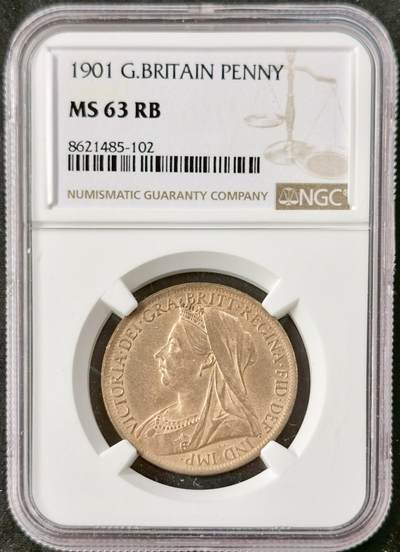 甄臻铺-世界币章拍卖（第51期），送拍享返佣金等优惠多多 - NGC-MS63RB  英国1901年维多利亚1便士铜币 状态很好