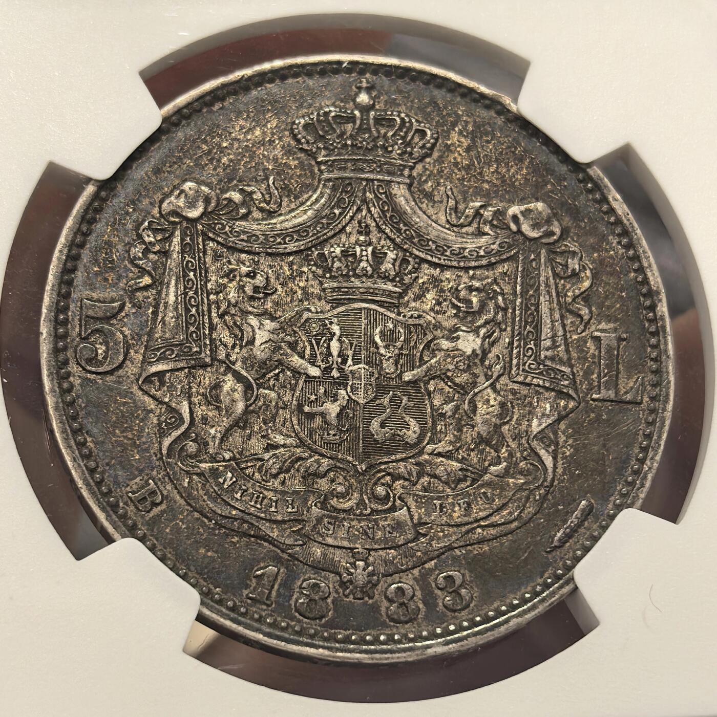 博洋堂蛇年收官专场暨第161期（全场包邮） NGC XF45 罗马尼亚卡罗尔一世1883年B版5列伊银币，油亮黑彩，实际状态感觉AU，HA 63分的就要一万多美元了，附成交记录，难得的品种品相