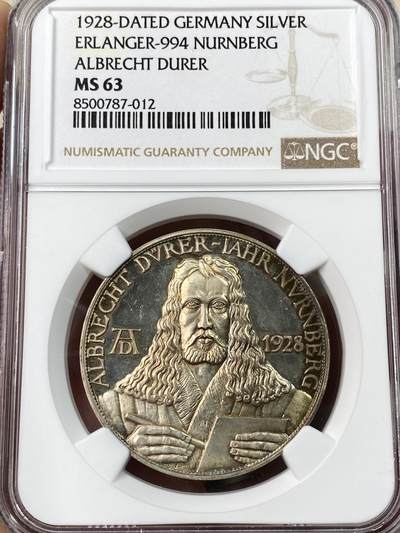 万国钱币拍卖第061期（马年首拍） - NGC MS63 1928年德国版画画仙丢勒逝世400周年纪念银章 精制镜面原味五彩环绕极美