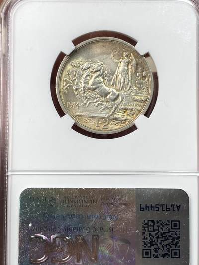 万国钱币拍卖第061期（马年首拍） NGC MS63 1914年意大利埃马努埃莱三世马车2里拉 罗马式浮雕感油然而生 淡金彩极美收藏级状态