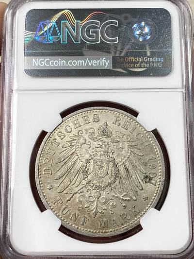 万国钱币拍卖第061期（马年首拍） NGC MS62 1907年德国巴伐利亚疯王奥拓长翅流通5马克 原味淡彩难得好品