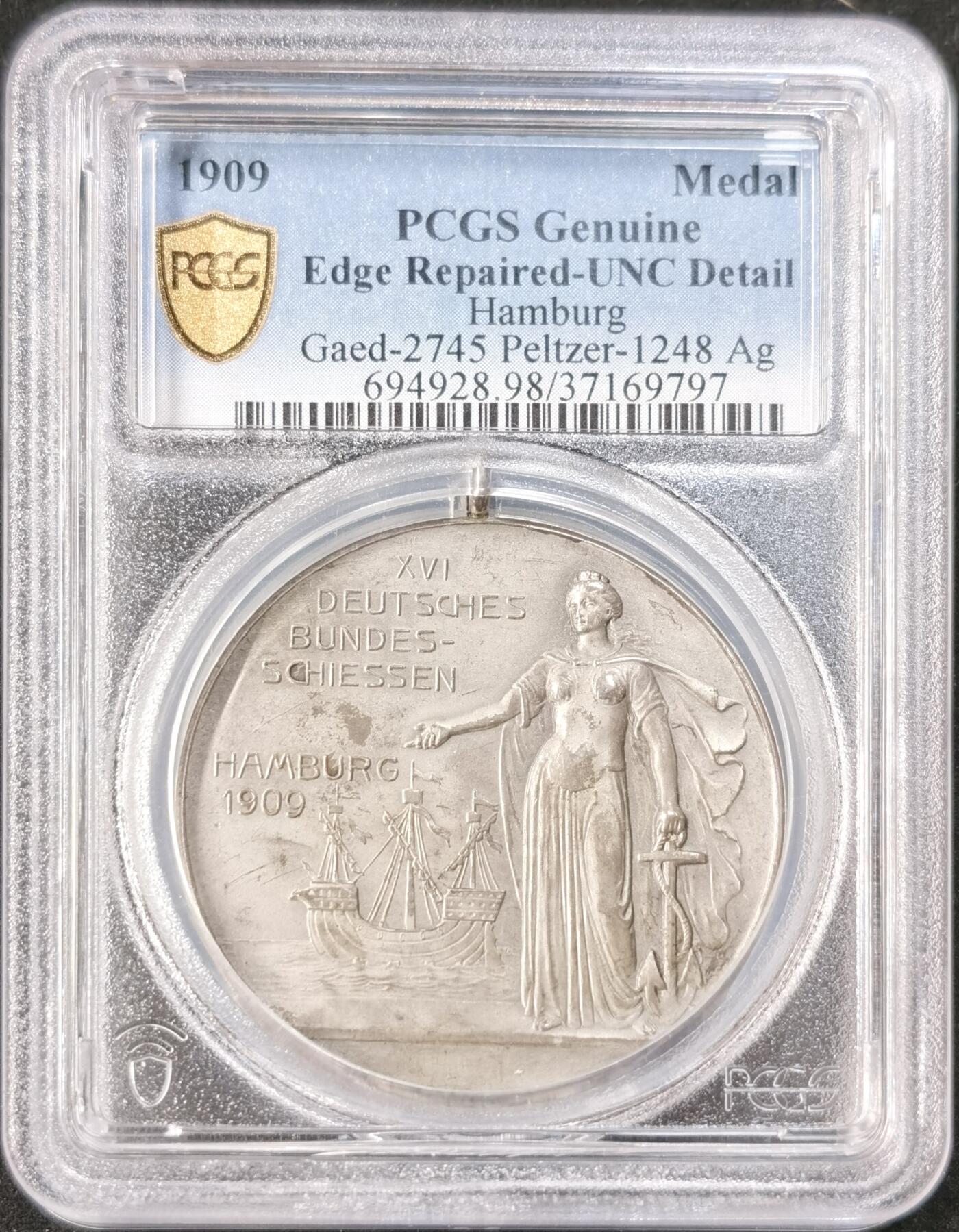 “福币呈祥”新年甄品场（直播拍卖）甄臻铺-世界币章拍卖（第50期），送拍享返佣金等优惠多多 PCGS-UNC 1909 第16届汉堡射击节，加厚盒，含高清图