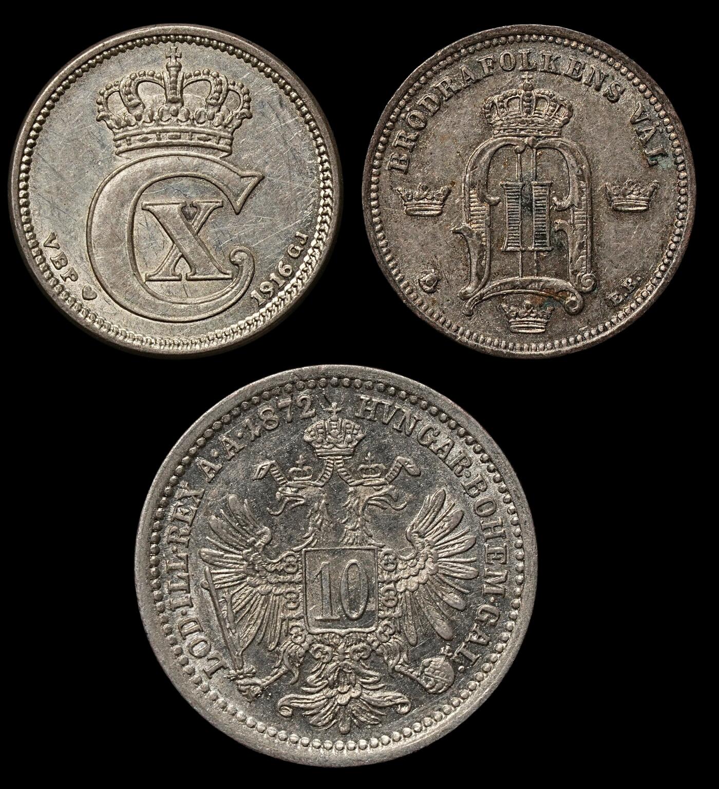 修遠堂世界钱币第105期，马年首拍 奥地利，丹麦，瑞典小银币3枚，总重4.55g