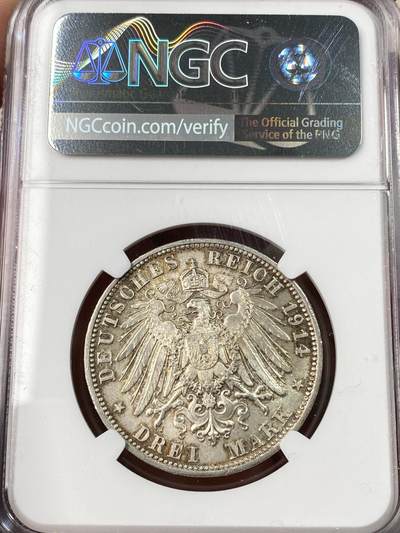 万国钱币拍卖第061期（马年首拍） NGC MS65 1914德国巴伐利亚路德维希三世流通长翅3马克 难得一见的流通BU品种 丝绸转光淡彩环绕收藏级