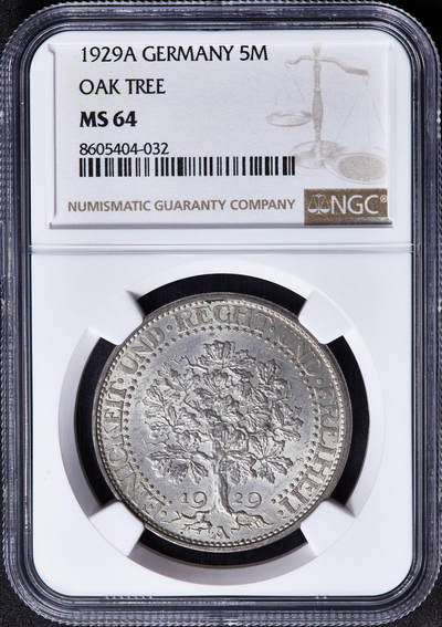 【俄甄集藏】马年新春第一拍 2026年(048)02-25星期三 晚 19:30 全场包邮 - 德国魏玛1929年A版橡树5马克大银币，NGC MS64，转光品相，经典品种