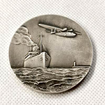 “福币呈祥”新年甄品场（直播拍卖）甄臻铺-世界币章拍卖（第50期），送拍享返佣金等优惠多多 - 1959年法国联合货船公司颁发的获奖银章 ，直径50毫米，重59 克，丰饶角+1ARGENT边铭，品相完好，稀少品种。