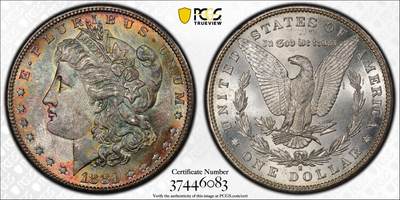 “福币呈祥”新年甄品场（直播拍卖）甄臻铺-世界币章拍卖（第50期），送拍享返佣金等优惠多多 - PCGS MS65 美国 1881年S版 摩根$1银币 人面渐变五彩包浆 色泽自然过渡 层次丰富 实属难得