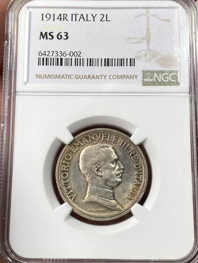 万国钱币拍卖第061期（马年首拍） - NGC MS63 1914年意大利埃马努埃莱三世马车2里拉 罗马式浮雕感油然而生 淡金彩极美收藏级状态