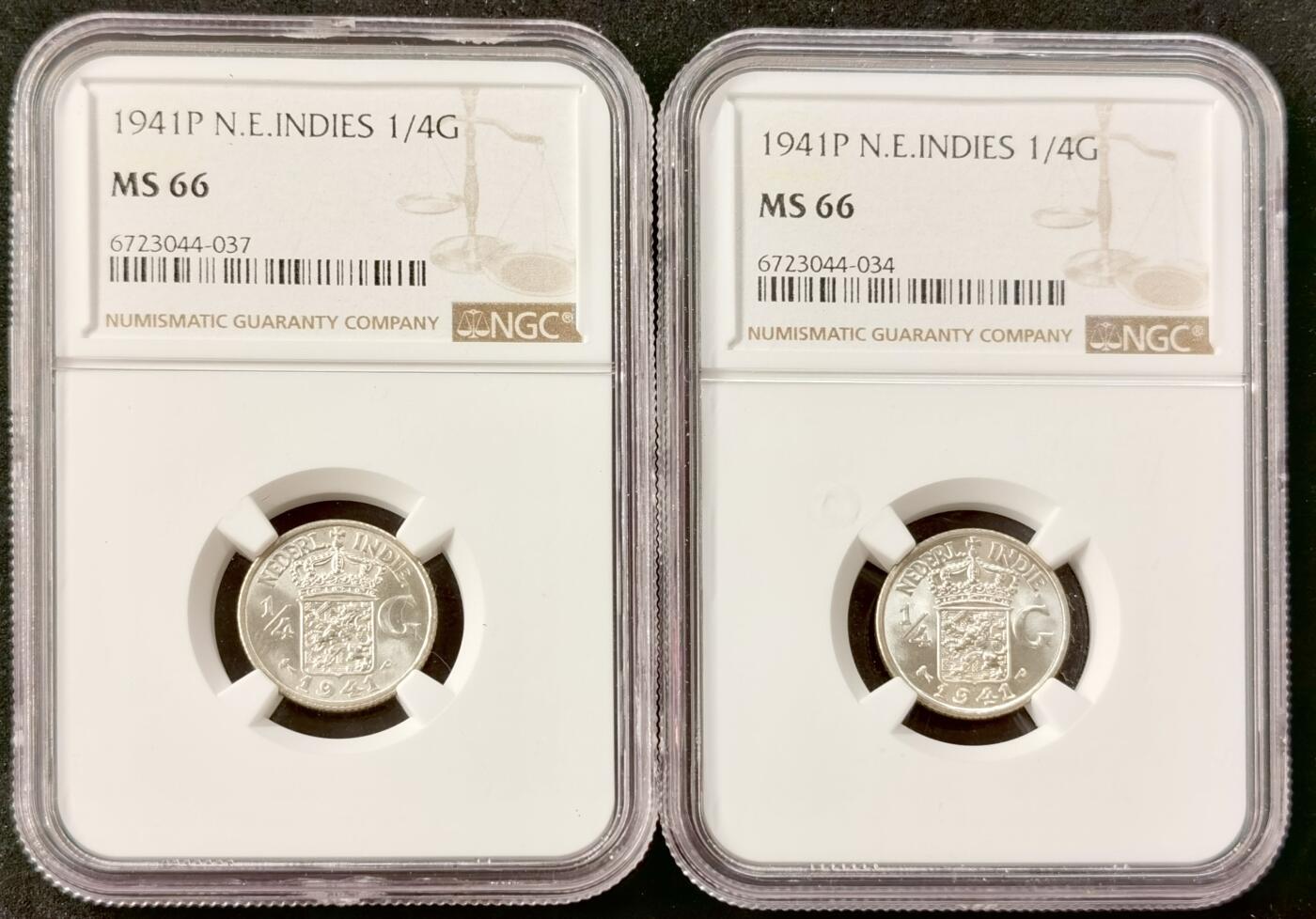 甄臻铺-世界币章拍卖（第51期），送拍享返佣金等优惠多多 NGC-MS66 1941年荷属东印度1/4盾，2枚一组，高分卷拆