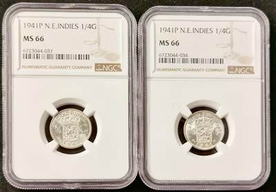 甄臻铺-世界币章拍卖（第51期），送拍享返佣金等优惠多多 - NGC-MS66 1941年荷属东印度1/4盾，2枚一组，高分卷拆