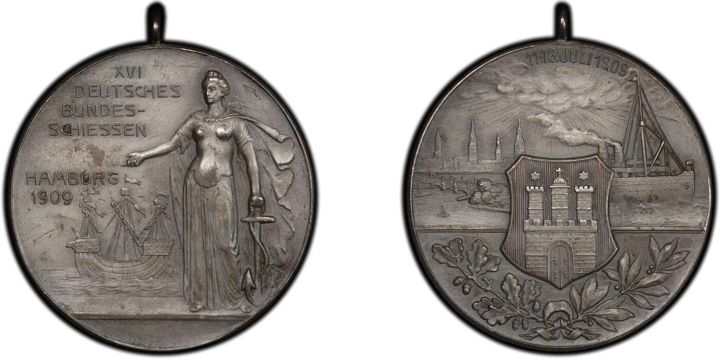 “福币呈祥”新年甄品场（直播拍卖）甄臻铺-世界币章拍卖（第50期），送拍享返佣金等优惠多多 PCGS-UNC 1909 第16届汉堡射击节，加厚盒，含高清图