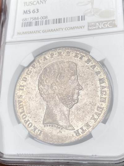 万国钱币拍卖第061期（马年首拍） NGC MS63 1858年意大利托斯卡纳利奥波德二世4菲奥里尼大银 全深打丝绸转光香槟淡彩环绕 收藏级品质
