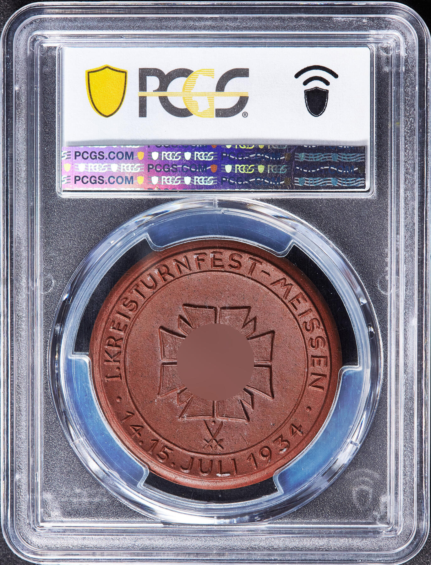 【俄甄集藏】马年新春第一拍 2026年(048)02-25星期三 晚 19:30 全场包邮 德国第三帝国1934年新人民法院成立陶瓷纪念章，PCGS MS65，梅森陶瓷厂造，少见品种，季军，原图联系客服或至官网查询