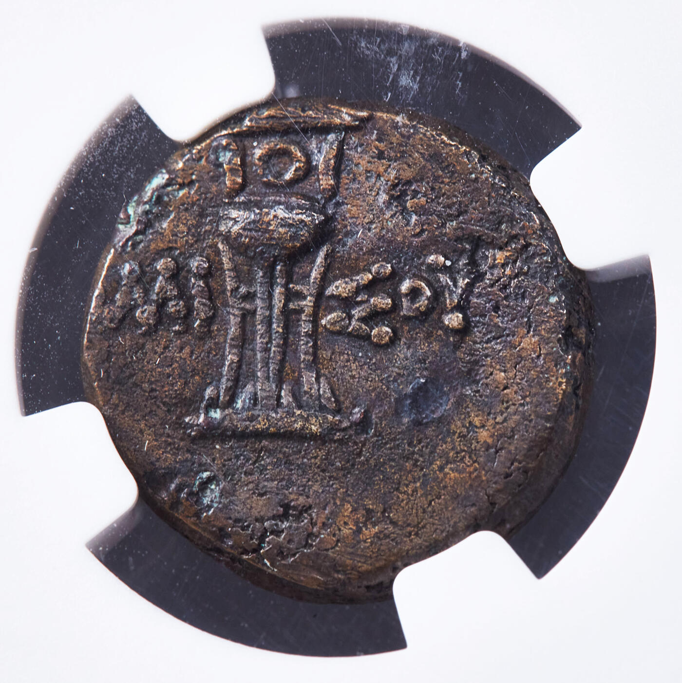 【俄甄集藏】马年新春第一拍 2026年(048)02-25星期三 晚 19:30 全场包邮 古希腊黑海本都王国埃米苏斯城公元前125-前100年米特拉达梯六世女神阿尔忒弥斯铜币，NGC XF，正面女神阿尔忒弥斯面右像，背上一个箭袋，背面三足祭坛