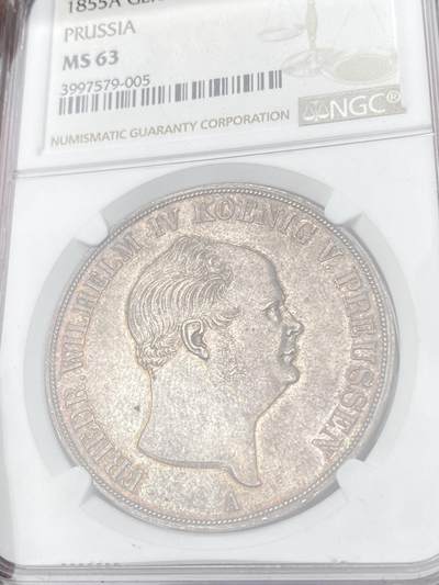 万国钱币拍卖第061期（马年首拍） NGC MS63 1855年德国普鲁士威廉四世大窗帘流通2泰勒 经典普鲁士洋葱头2T 欧陆原味纸袋包浆 纹章打制异常犀利 轻微类镜面质感 收藏级状态