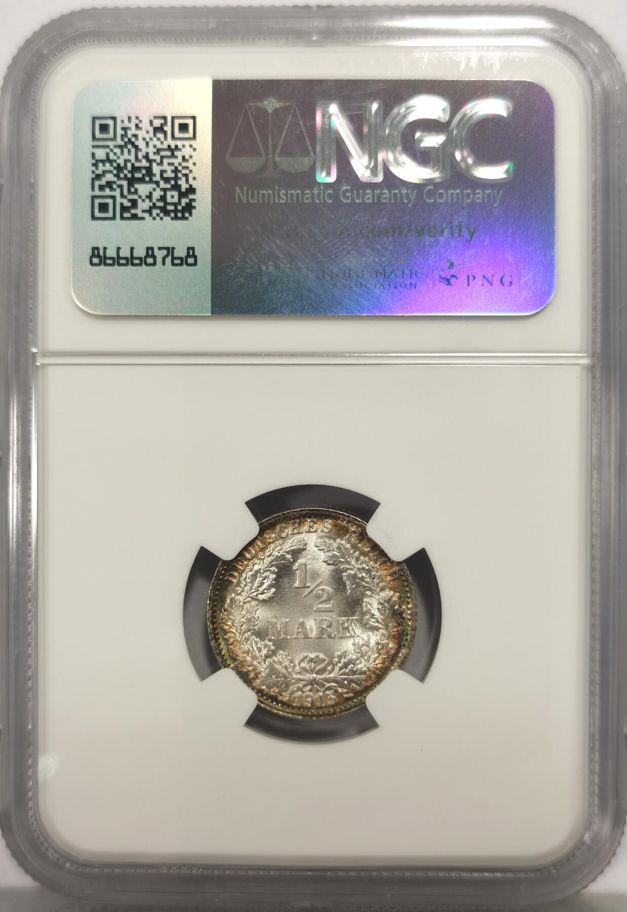 博洋堂蛇年收官专场暨第161期（全场包邮） NGC MS67+ 德国1915年1/2马克银币，F厂铭，环彩顶级状态，老银币天花板的品相，性价比高