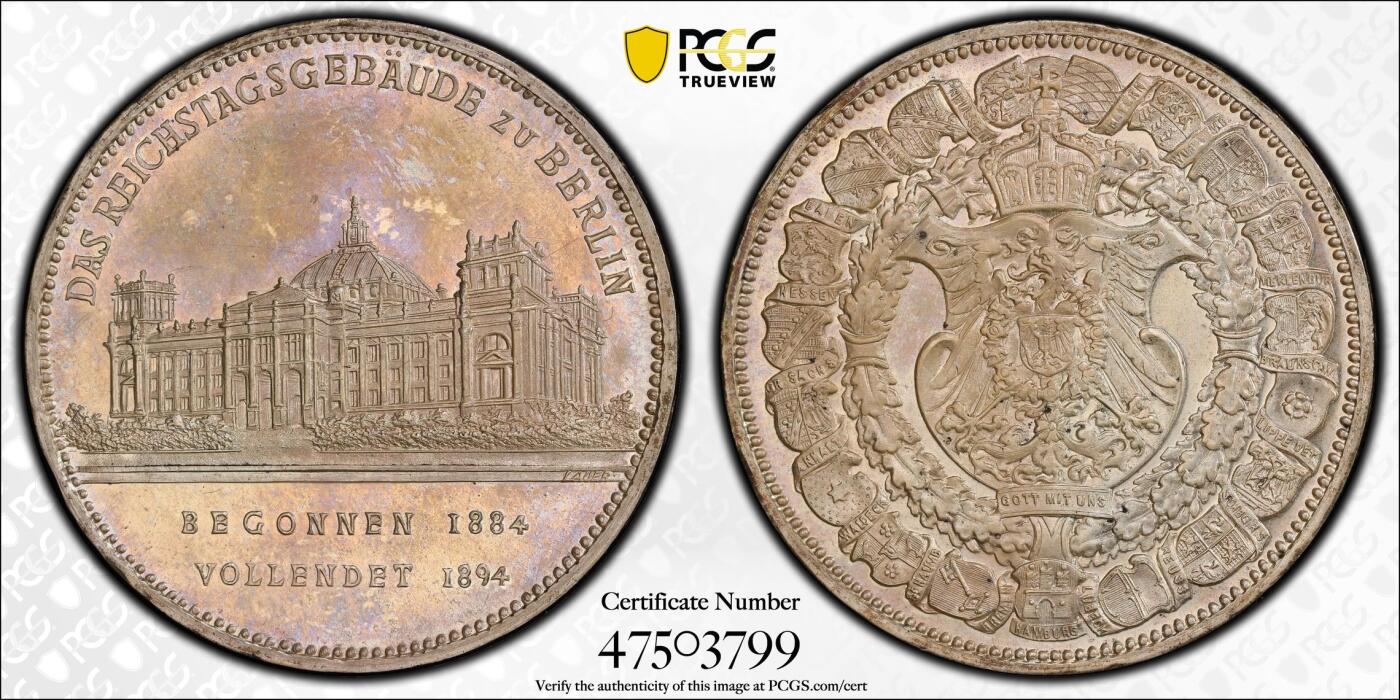 “福币呈祥”新年甄品场（直播拍卖）甄臻铺-世界币章拍卖（第50期），送拍享返佣金等优惠多多 PCGS-SP64 1894年德国国会大厦落成纪念银质样章，PC冠军分