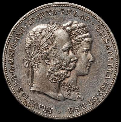 修遠堂世界钱币第105期，马年首拍 - 1879 年奥匈帝国帝弗朗茨・约瑟夫一世与皇后茜茜公主银婚纪念2弗洛林大银币