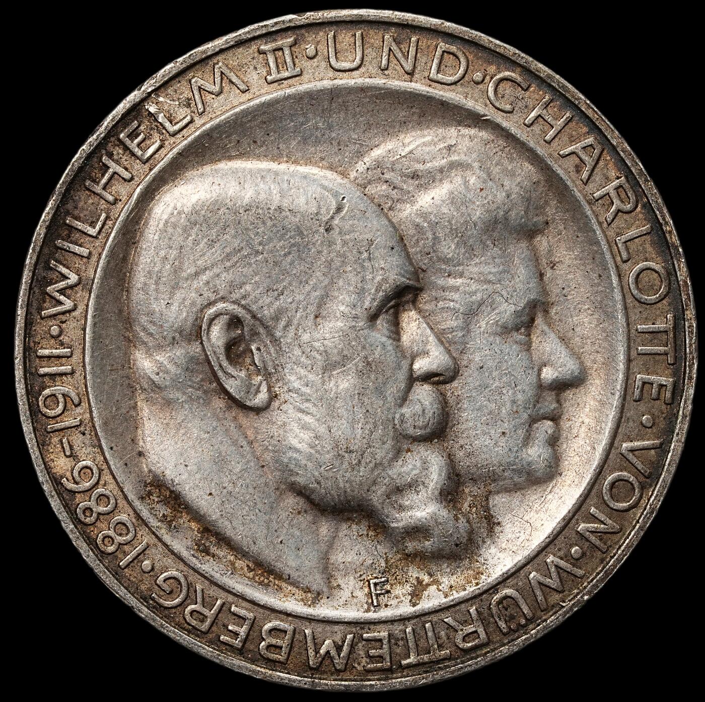 修遠堂世界钱币第105期，马年首拍 1911年符腾堡国王银婚纪念3马克银币