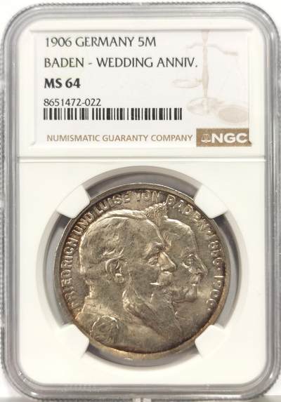 博洋堂蛇年收官专场暨第161期（全场包邮） - NGC MS64 德国巴登1906年巴登大公金婚纪念5马克银币 双面浅黄彩转光饱满