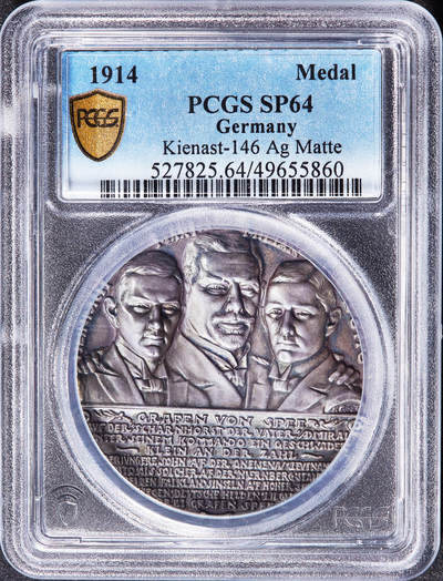 【俄甄集藏】马年新春第一拍 2026年(048)02-25星期三 晚 19:30 全场包邮 - 德国1914年纪念一战福克兰海战马克西米利安·冯·施佩上将家族牺牲纪念磨砂大银章，PCGS SP64，名誉品种，高浮雕，品相很好，名家卡尔·哥茨作品