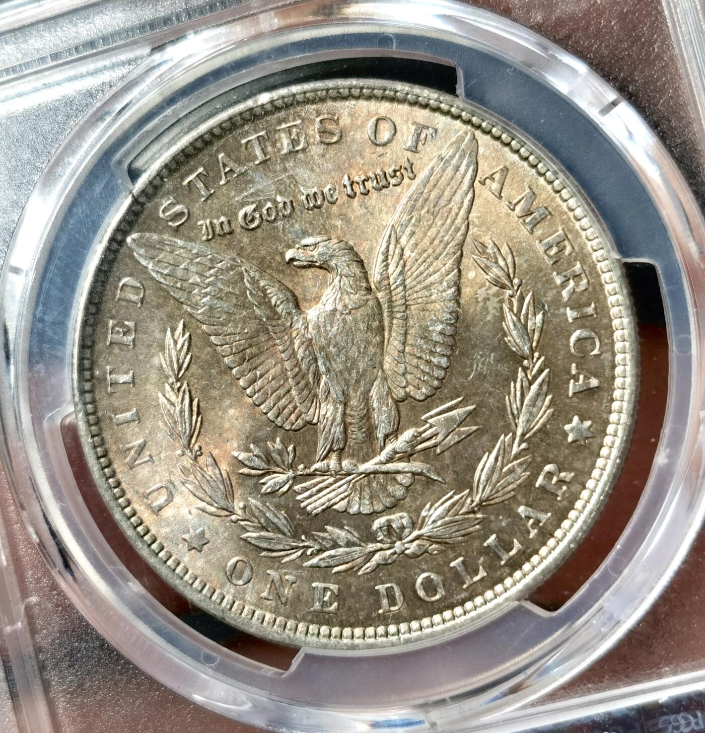 “福币呈祥”新年甄品场（直播拍卖）甄臻铺-世界币章拍卖（第50期），送拍享返佣金等优惠多多 PCGS-MS64 美国 1889年 摩根 银币 正面环彩带银霜 背面金彩带火烧云彩