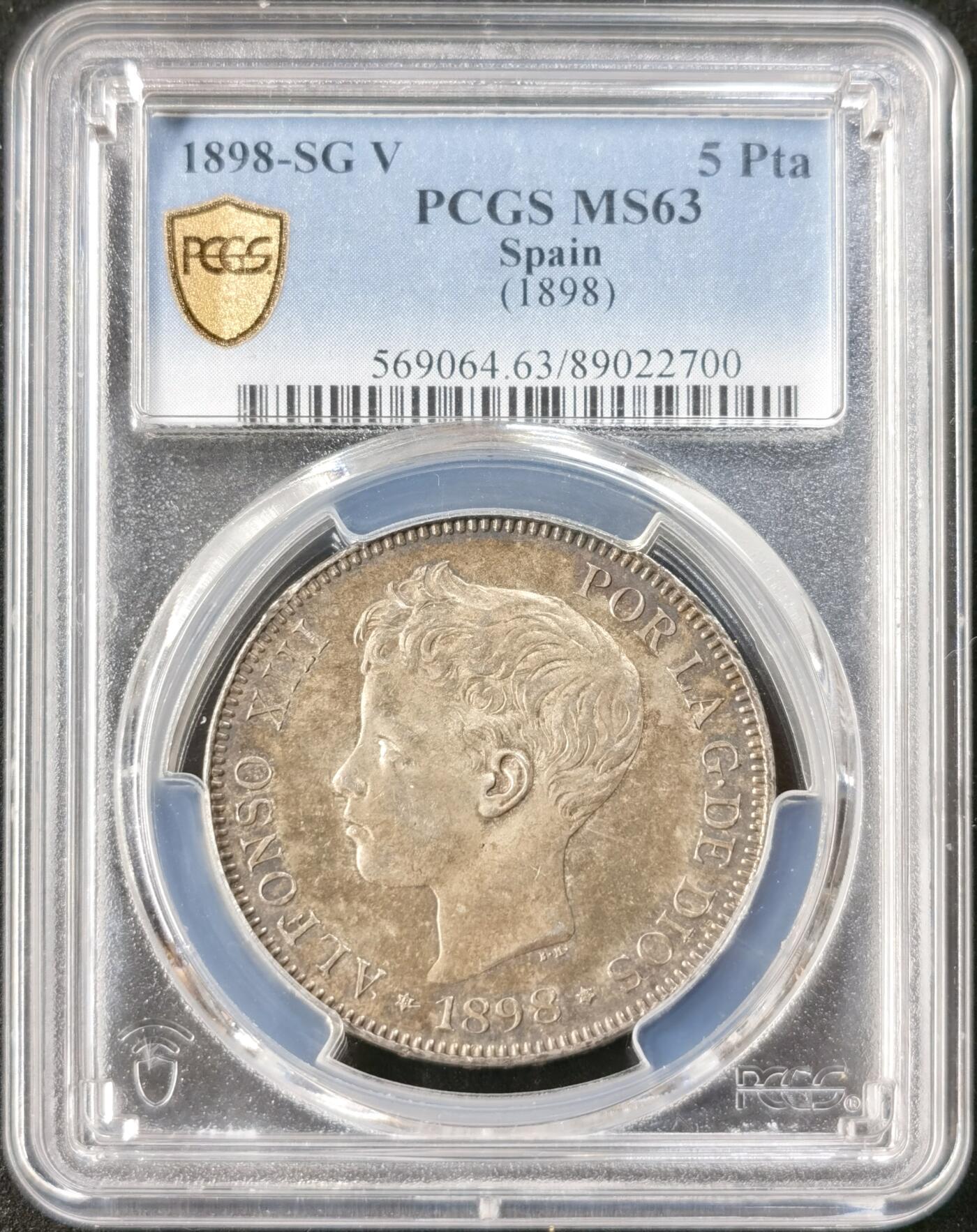“福币呈祥”新年甄品场（直播拍卖）甄臻铺-世界币章拍卖（第50期），送拍享返佣金等优惠多多 PCGS-MS63 西班牙1898年阿方索十三世小孩头双柱5比赛塔大银币，正反两面均有五彩包浆
