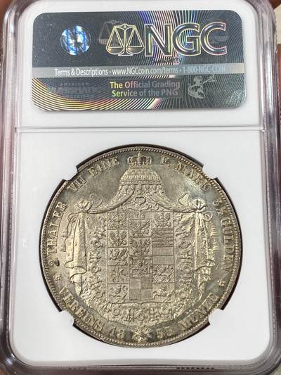 万国钱币拍卖第061期（马年首拍） NGC MS63 1855年德国普鲁士威廉四世大窗帘流通2泰勒 经典普鲁士洋葱头2T 欧陆原味纸袋包浆 纹章打制异常犀利 轻微类镜面质感 收藏级状态
