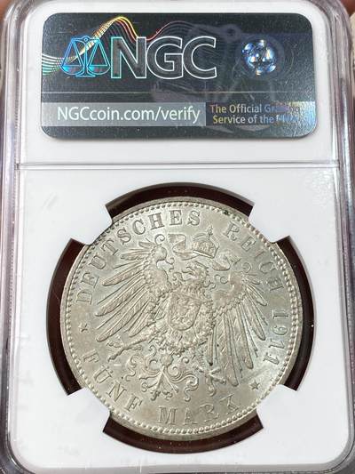 万国钱币拍卖第061期（马年首拍） NGC MS63 1911年德国巴伐利亚摄政王利奥波德90大寿长翅5马克 原光状态淡彩极美