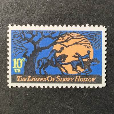 ↓君缘收藏741期☞钱币邮品↓无佣金、可寄存、满30元包邮  - 美国邮票，1974年美国民间传说·《沉睡谷传说》无头骑士追赶乡村教师邮票雕刻版1全
