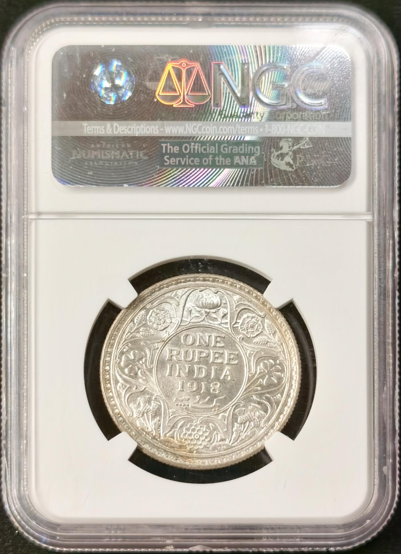 “福币呈祥”新年甄品场（直播拍卖）甄臻铺-世界币章拍卖（第50期），送拍享返佣金等优惠多多 NGC-MS64 1918年B版英属印度乔五1卢比银币，系印度孔雀王朝特殊标签非常少见