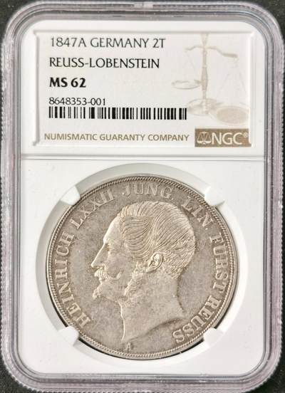 “福币呈祥”新年甄品场（直播拍卖）甄臻铺-世界币章拍卖（第50期），送拍享返佣金等优惠多多 - NGC-MS62 1847年德国罗伊斯-埃伯恩多夫幼系海因里希七十二世大纹章2泰勒 发行量2750枚的高难小邦品种 极具辨识度的德式精发 原味淡彩转光品相 不可多得的收藏品质