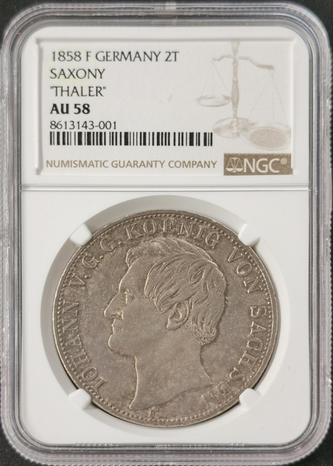 “福币呈祥”新年甄品场（直播拍卖）甄臻铺-世界币章拍卖（第50期），送拍享返佣金等优惠多多 NGC-AU58 1858年萨克森流通盾徽2泰勒 欧洲五彩老包浆 背面状态很好 重彩影响了评分 未流通的状态