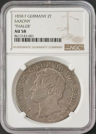 “福币呈祥”新年甄品场（直播拍卖）甄臻铺-世界币章拍卖（第50期），送拍享返佣金等优惠多多 - NGC-AU58 1858年萨克森流通盾徽2泰勒 欧洲五彩老包浆 背面状态很好 重彩影响了评分 未流通的状态