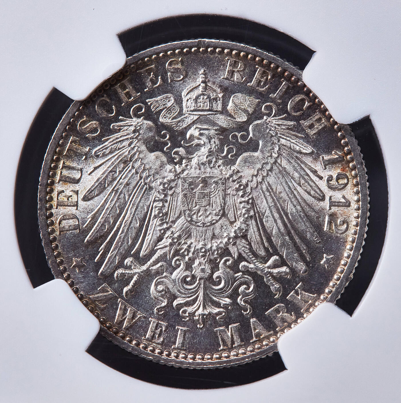 【俄甄集藏】马年新春第一拍 2026年(048)02-25星期三 晚 19:30 全场包邮 德国符腾堡1912年威廉二世F版2马克银币，NGC MS65，黄油环彩原味包浆，转光品相