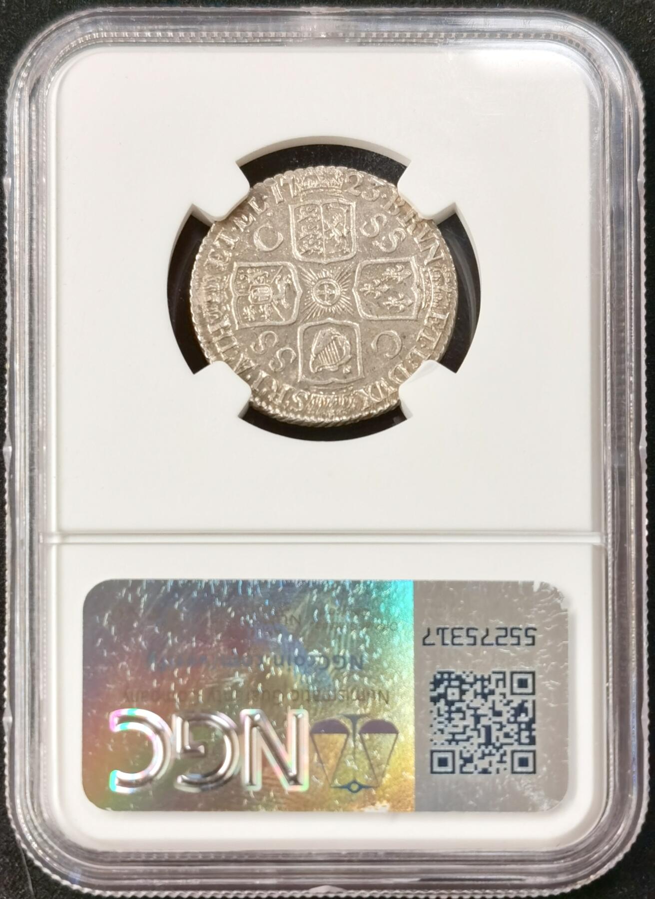 “福币呈祥”新年甄品场（直播拍卖）甄臻铺-世界币章拍卖（第50期），送拍享返佣金等优惠多多 NGC-MS63 英国 1723年 乔治一世SSC一先令银币 原味深包浆 高点清晰，顶级状态