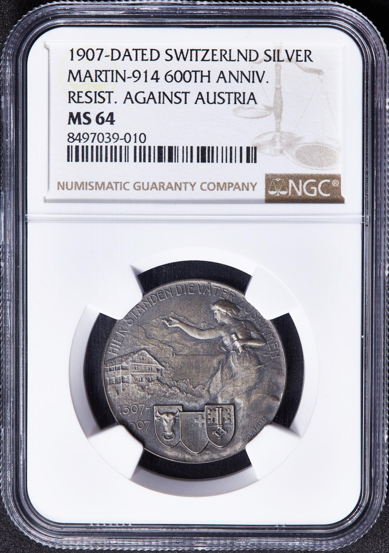 【俄甄集藏】马年新春第一拍 2026年(048)02-25星期三 晚 19:30 全场包邮 瑞士1907年纪念威廉·退尔在乌里抵抗奥地利哈布斯堡王朝胜利600周年银章，NGC MS64，酱彩包浆，磨砂底板