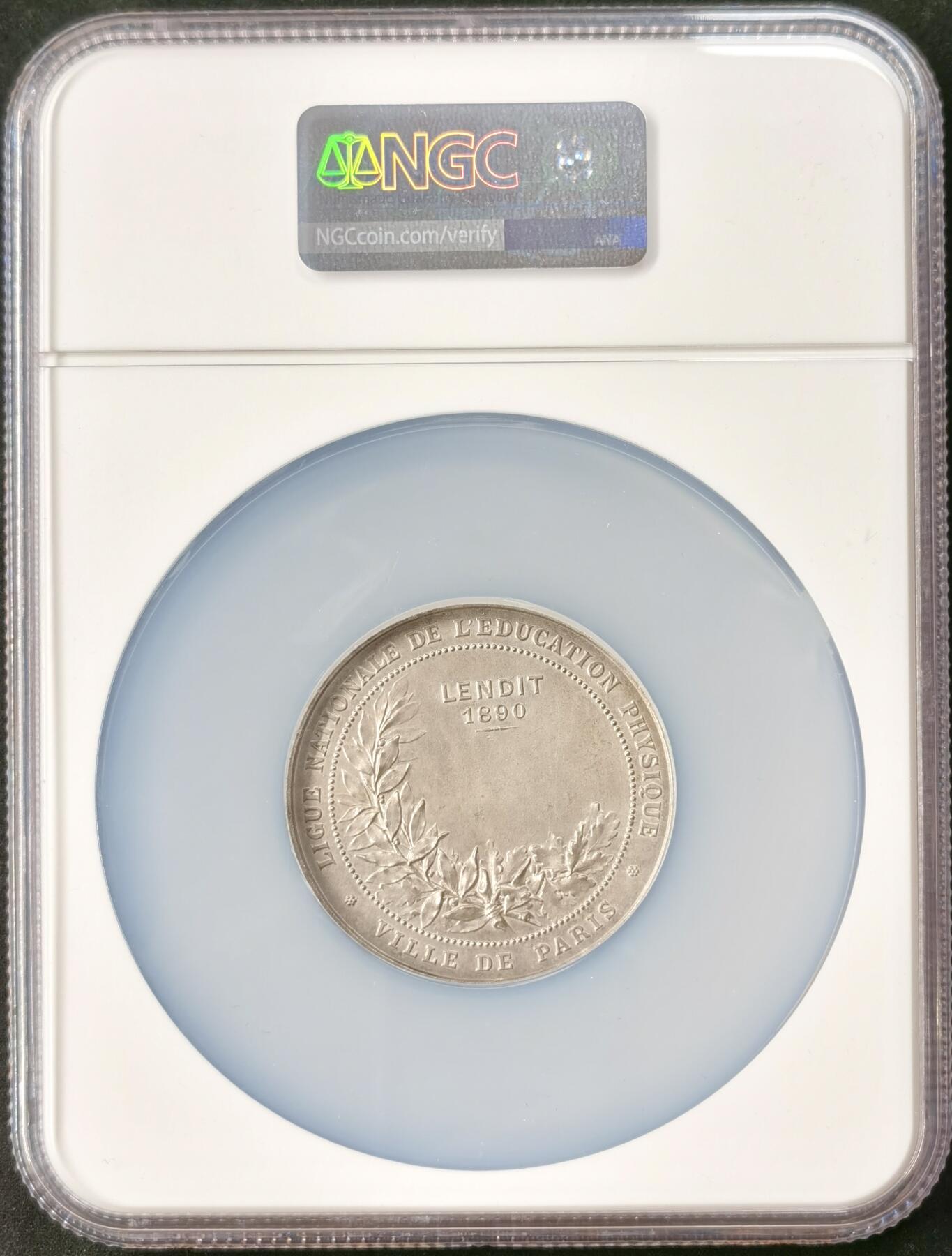 “福币呈祥”新年甄品场（直播拍卖）甄臻铺-世界币章拍卖（第50期），送拍享返佣金等优惠多多 NGC-MS62 法国 1890 镀银铜章牌 自由帽玛丽安娜国家体育教育奖章 稀少 直径50.8mm，53.4g 边铭丰饶角+MAILLECHORT