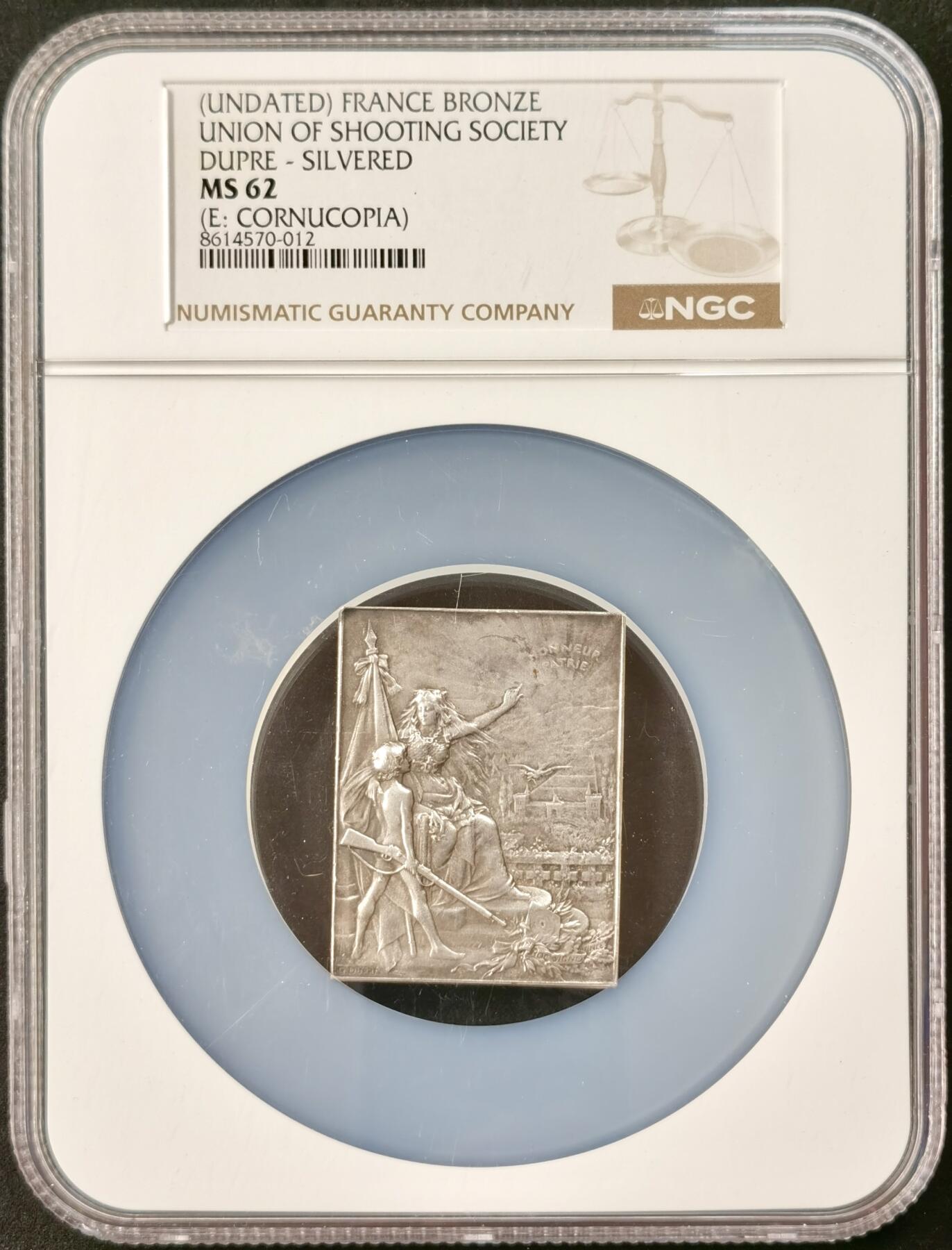 “福币呈祥”新年甄品场（直播拍卖）甄臻铺-世界币章拍卖（第50期），送拍享返佣金等优惠多多 NGC-MS62 法国 射击协会镀银铜章 51mm*38mm 边铭丰饶角BRONZE 大师G.Dupre打造