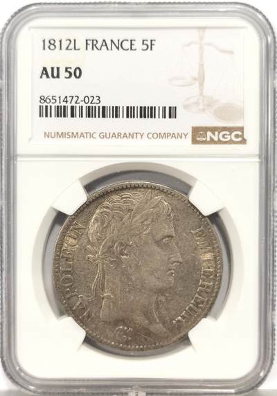 博洋堂蛇年收官专场暨第161期（全场包邮） - NGC AU50 法国1812年L版拿破仑一世5法郎银币 浅黄色包浆带底光 跨越二百年沧桑岁月