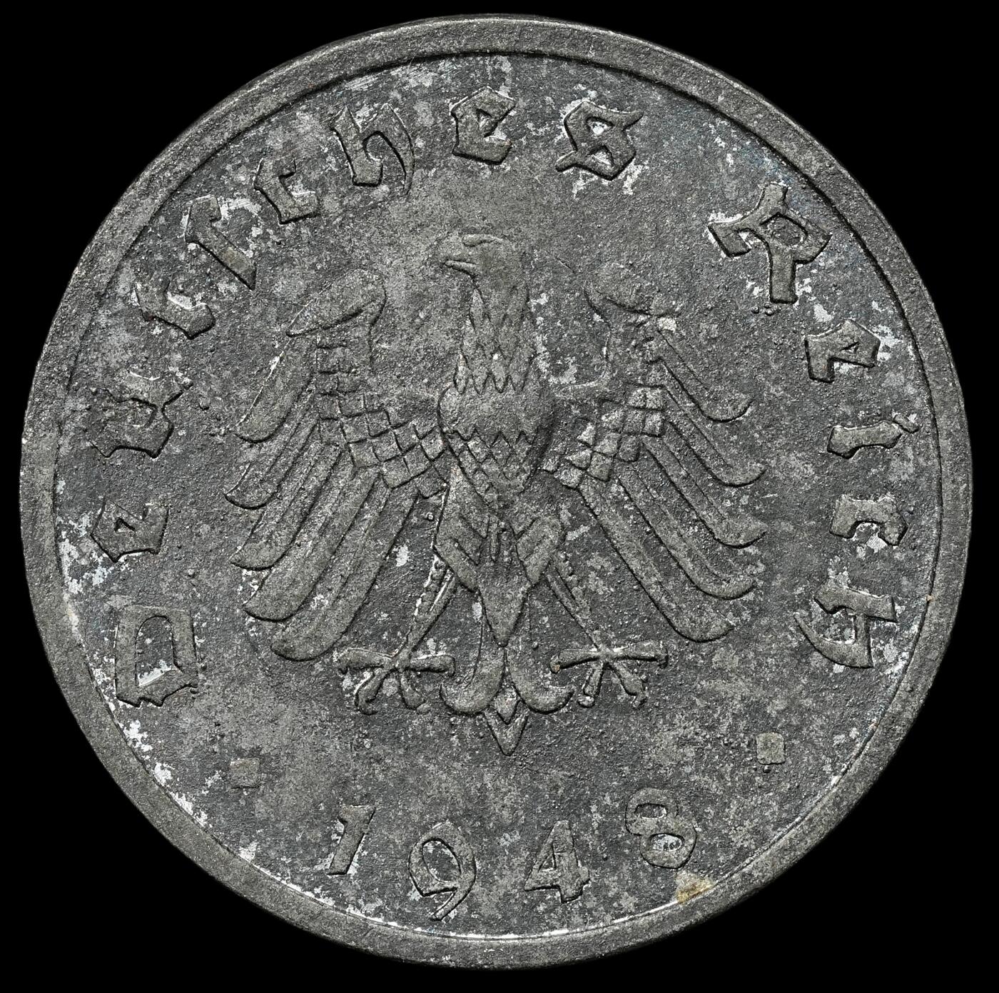 修遠堂世界钱币第105期，马年首拍 1948年盟军占德国10芬尼锌币，F厂铭，拔毛鹰，带光