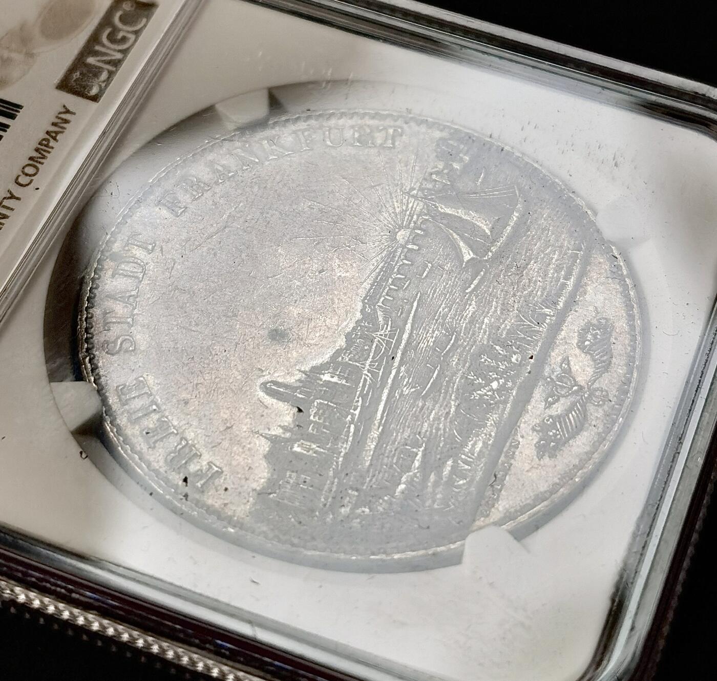 “福币呈祥”新年甄品场（直播拍卖）甄臻铺-世界币章拍卖（第50期），送拍享返佣金等优惠多多 NGC-AU58 德国1843年法兰克福景观2泰勒大银币，顶级热门品种